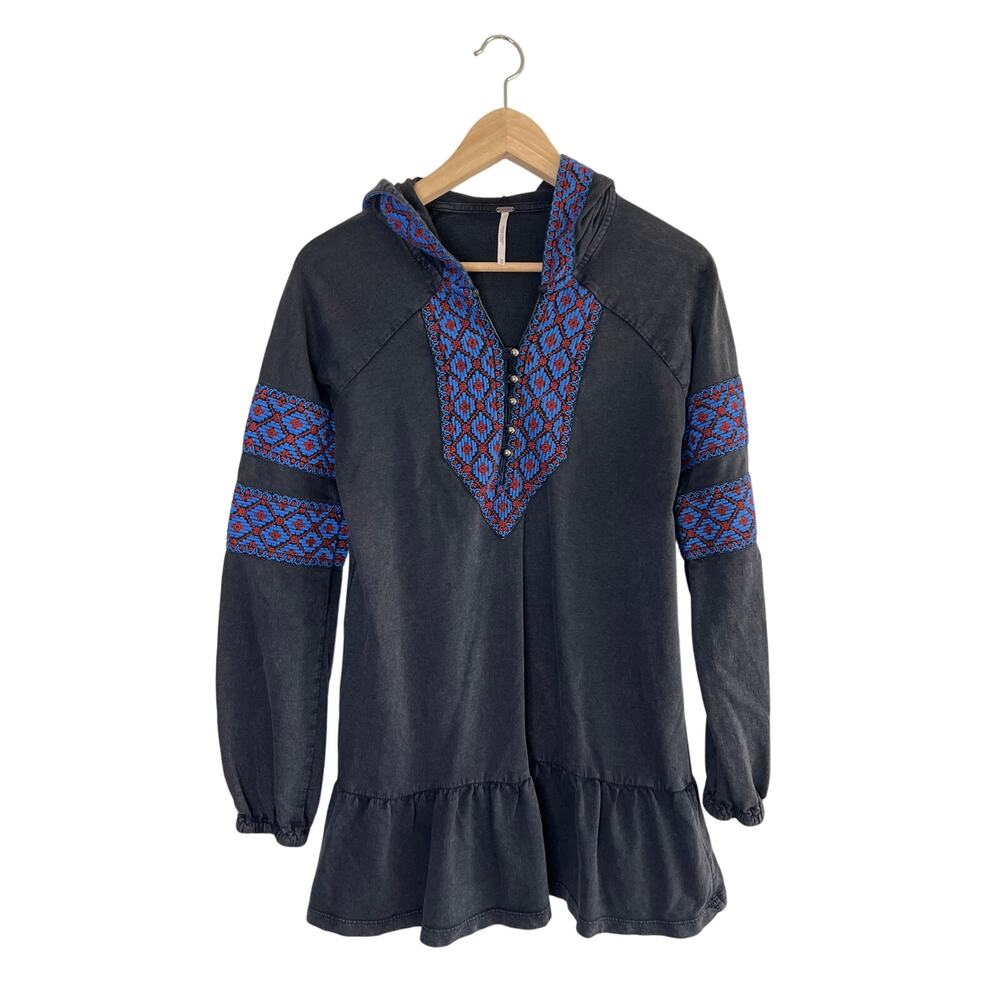 Free People Embroidered Button Detail Ruffle Hem Hooded Tunic Sweatshirt
